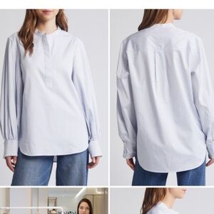 COS Gathered Grandad Collar Pinestripe Button Front Top in Blue/White Size 8